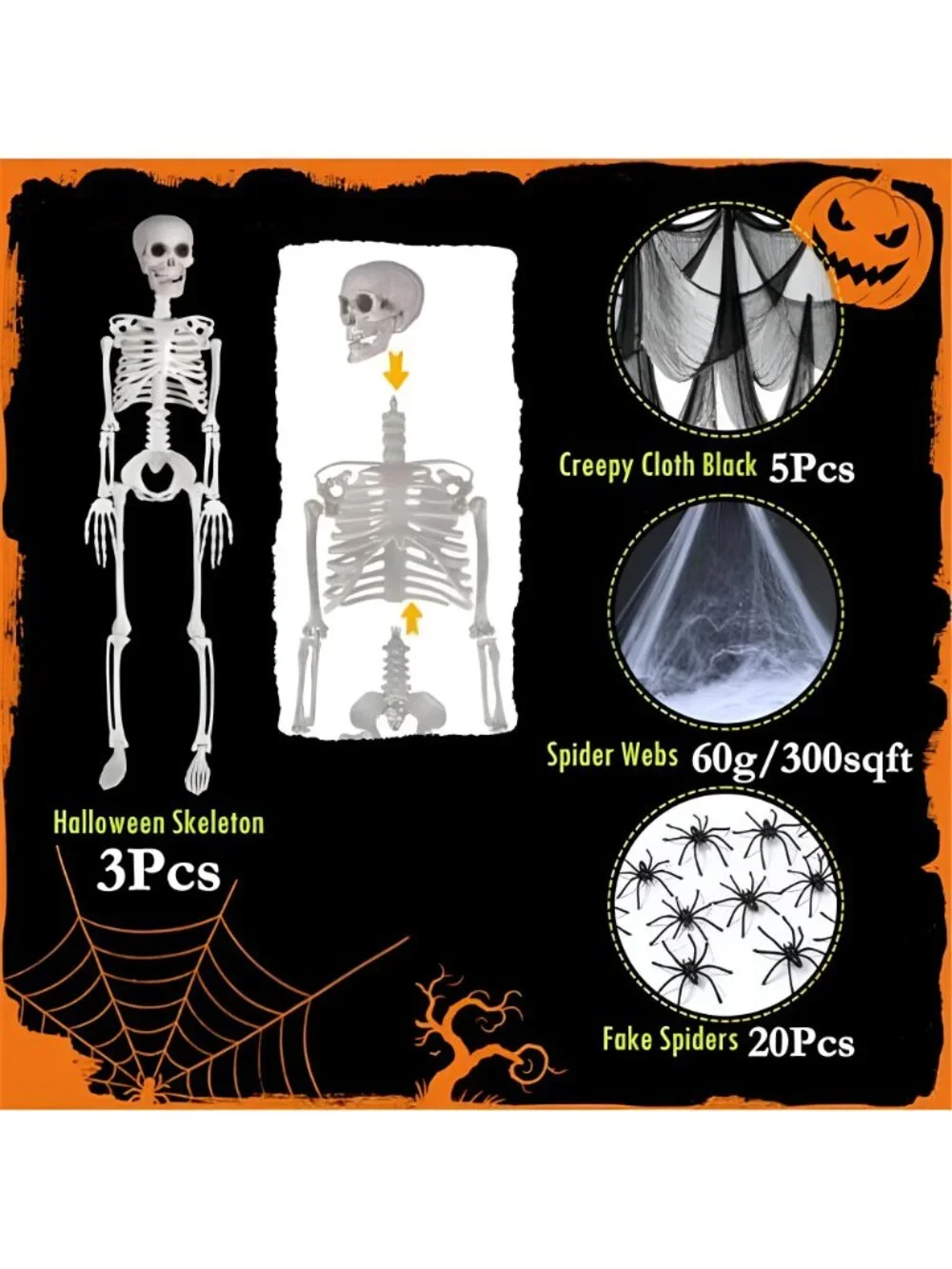 3 Pack 36in Halloween Skeletons,5 Pack 30x72in Black Creepy Cloth,300